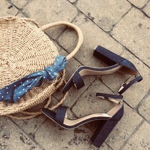 Denim ankle strap block heels